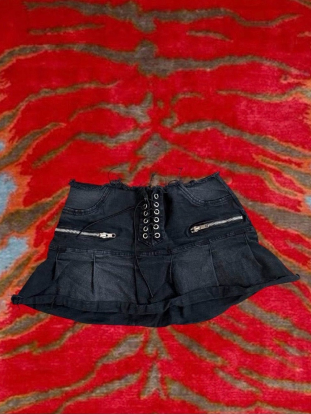 Lace-Up Black Pleated Mini Skirt with Zipper Details